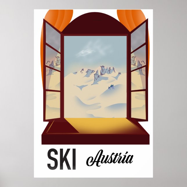 Poster de viagens de janela para esqui Áustria. (Frente)