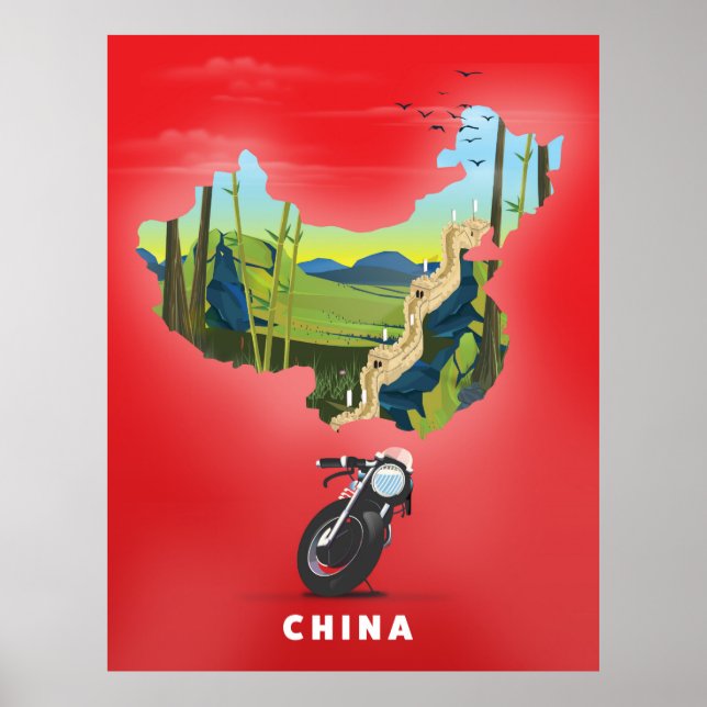 Poster de viagens de mapa ilustrado da China (Frente)
