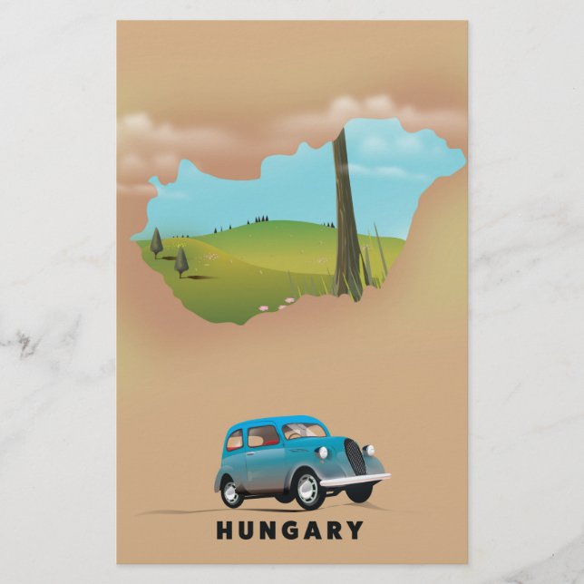 Poster de viagens de mapa ilustrado da Hungria (Frente)