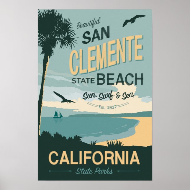 Poster de viagens de praia do estado de San Clemen (Frente)