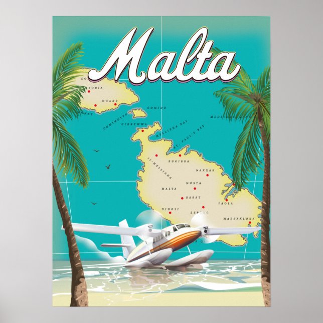 Poster de viagens de praia e mapa de Malta (Frente)