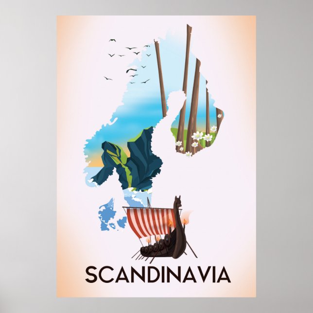 Poster de viagens de Viking do Mapa Escandinávia (Frente)