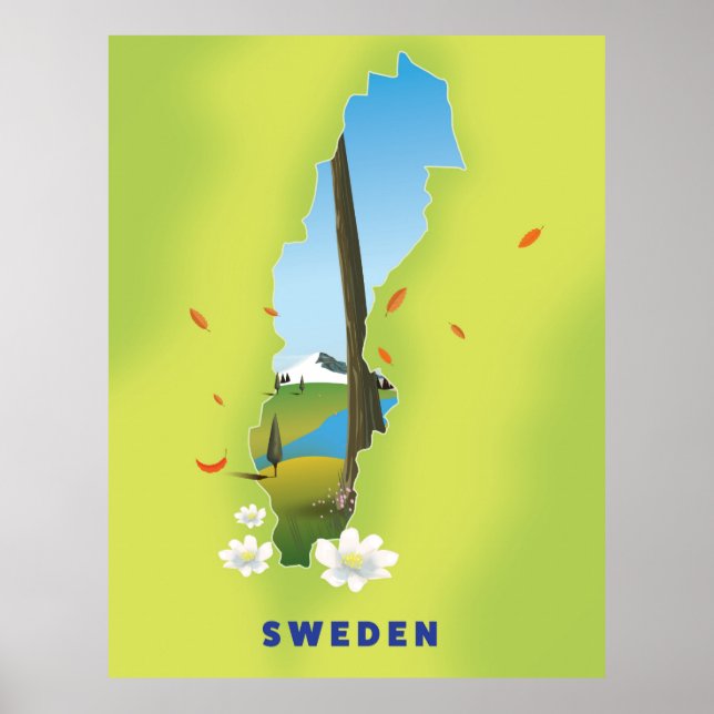 poster de viagens ilustrado do mapa de suecia. (Frente)