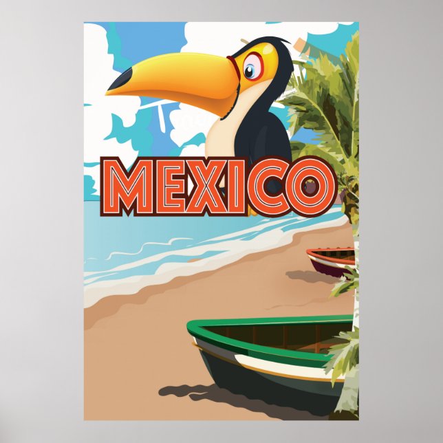 Poster de viagens Mexicano de Praia Toucan. (Frente)