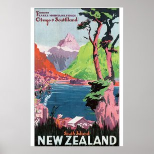 Poster de Viagens vintage da Nova Zelândia da Ilha
