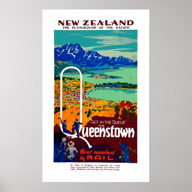 Poster de viagens Vintage Queenstown Nova Zelândia (Frente)