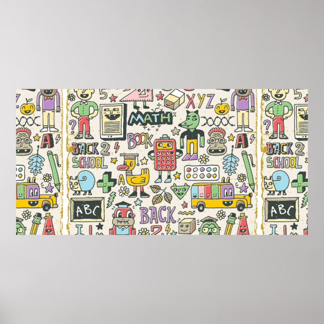 Poster De volta à escola, conjunto de rabiscos coloridos  (Frente)