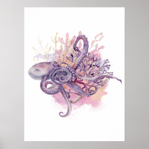 Poster de Wall Art do Octopus com Aquarela Dourada