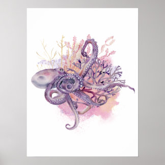 Poster de Wall Art do Octopus com Aquarela Dourada
