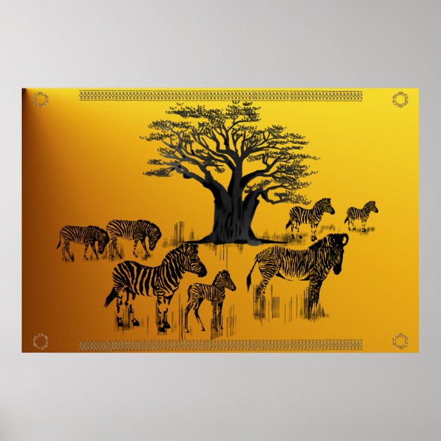 Poster de zebra e árvore de Baobá (Frente)