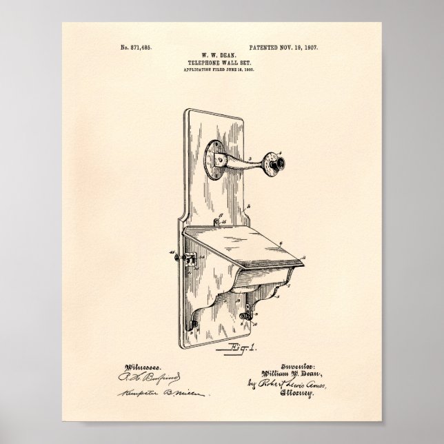 Poster Dean Wall Telephone 1907 Patent Art Old Peper (Frente)