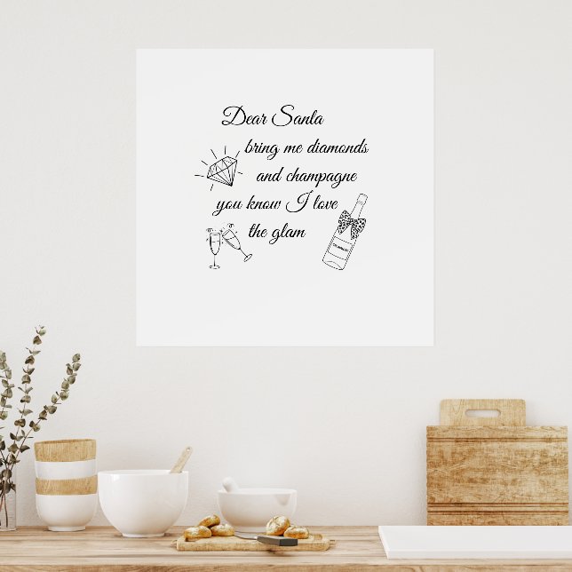 Poster Dear Santa Champagne & Diamonds Line Art Design (Cozinha)