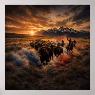 Poster Debandada de Búfalos Ocidentais ao Pôr do Sol