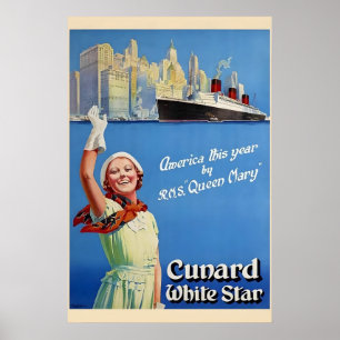 Poster Década de 1930 Cunard White Star Line - RMS Queen