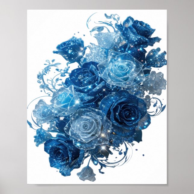 Poster Declaração Prata ROSAS AZUIS Design de Texto (Frente)