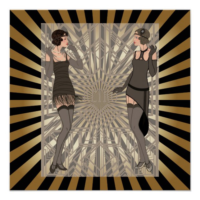 Pôster Deco de arte,padrão,listras,ouro,preto,vintage,chi (Frente)