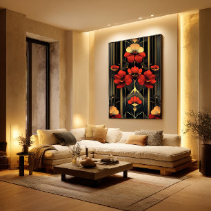 Poster Deco Floral Dourado Geométrico e Vermelho