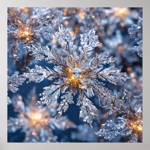 Poster Decoração Azul e Dourada dos Flocos de Neve