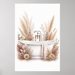 Poster Decoração de Banheiro Neutro Boho Floral Banheira