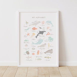 Poster Decoração de Berçário Alfabeto de Animais da Praia