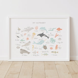 Poster Decoração de Berçário Alfabeto de Animais da Praia