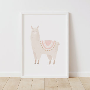 Poster Decoração de Berçário de Menina Lhama Rosa Neutra