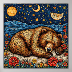 Poster Decoração de Berçário Florestal Urso Adormecido Ac