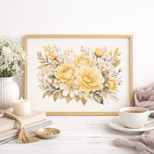 Poster Decoração de Casa de Campo Floral Rosa Amarela
