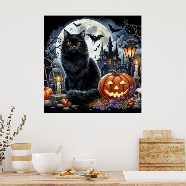 Poster Decoração de Casa de Gato Preto do Halloween  (Cozinha)