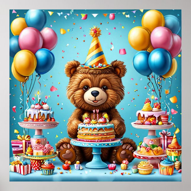 Poster Decoração de Celebração Infantil Urso de Aniversár (Frente)