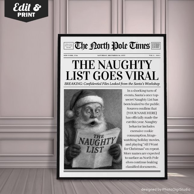 Poster Decoração de jornal de Natal personalizada, Natal  (Custom Christmas Newspaper Decor, Funny Christmas Poster, The Naughty List Goes Viral)