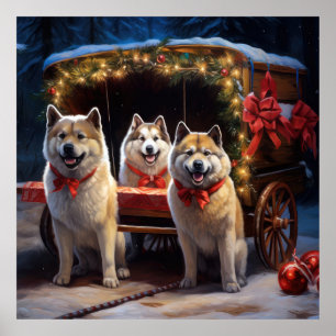 Poster Decoração de Natal Akita Snowy Sleigh Ride