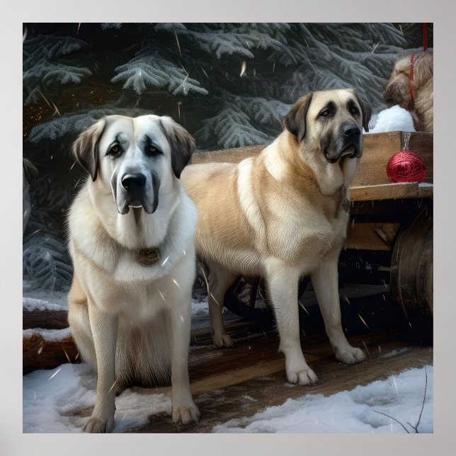 Poster Decoração de Natal Anatolian Shepherd Snowy Sleigh (Frente)