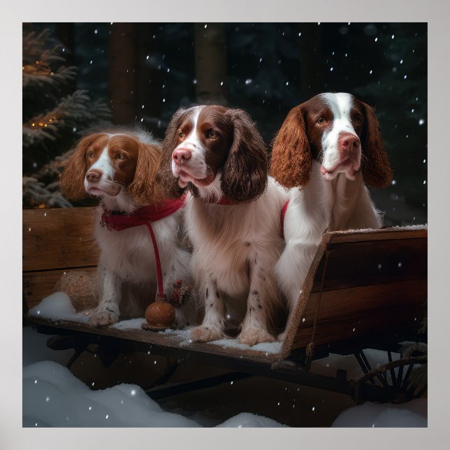 Poster Decoração de Natal Brittany Spaniel Snowy Sleigh (Frente)