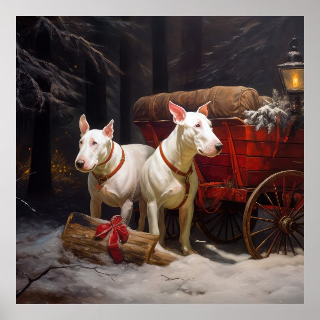Poster Decoração de Natal Bull Terrier Snowy Sleigh (Frente)