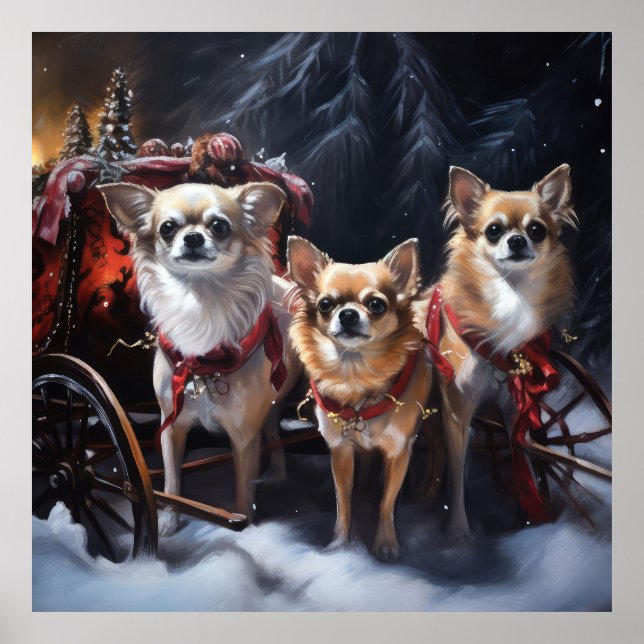Poster Decoração de Natal Chihuahua Snowy Sleigh (Frente)