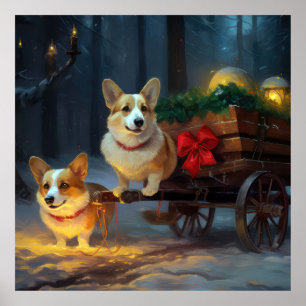 Poster Decoração de Natal Corgi Snowy Sleigh