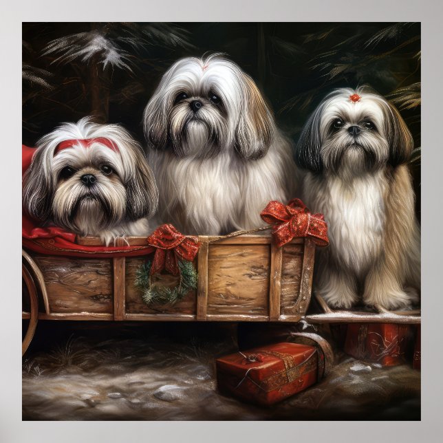 Poster Decoração de Natal de Lhasa Apso Snowy Sleigh (Frente)