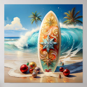 Poster Decoração de Natal de Prancha de Surfe na praia