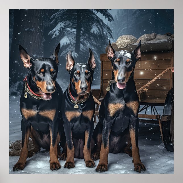 Poster Decoração de Natal do Doberman Snowy Sleigh (Frente)