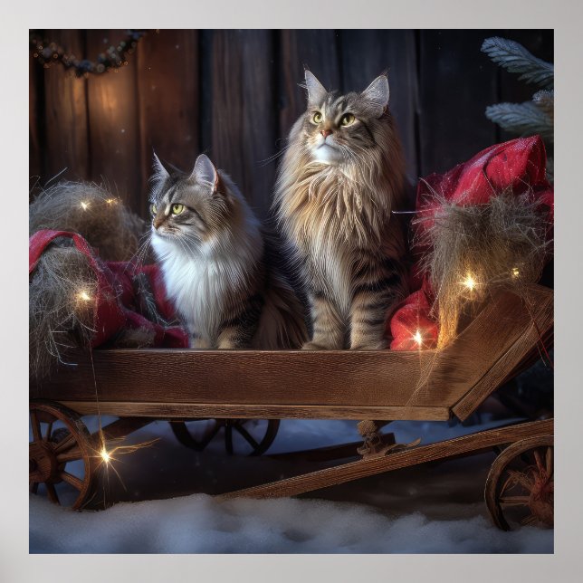 Poster Decoração de Natal Maine Coon Snowy Sleigh (Frente)