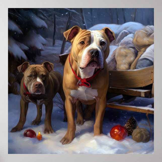 Poster Decoração de Natal Pitbull Snowy Sleigh (Frente)