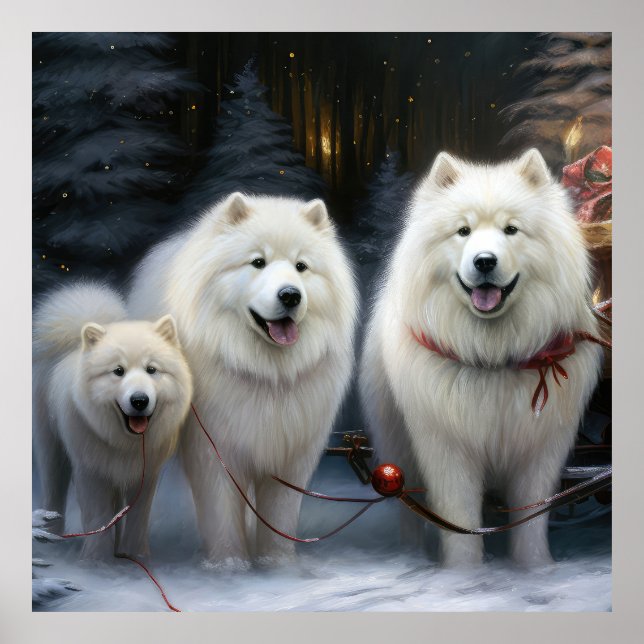 Poster Decoração de Natal Samoyed Snowy Sleigh (Frente)