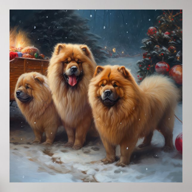Poster Decoração de Natal Trenó com Chow Chow na Neve (Frente)