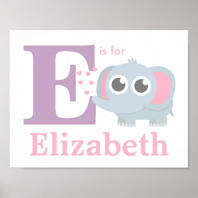 Poster Decoração de quarto de meninas Bebê Elefante com a (Frente)