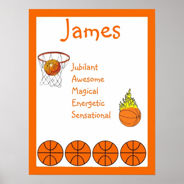 Pôster Decoração de quarto infantil Basquetebol Nome Arte (Frente)