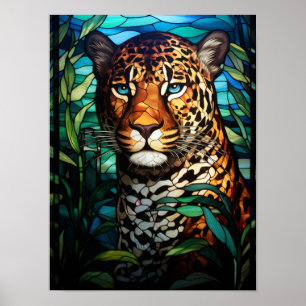 Poster Decoração de Vidro Colorido Leopardo Gato da Selva