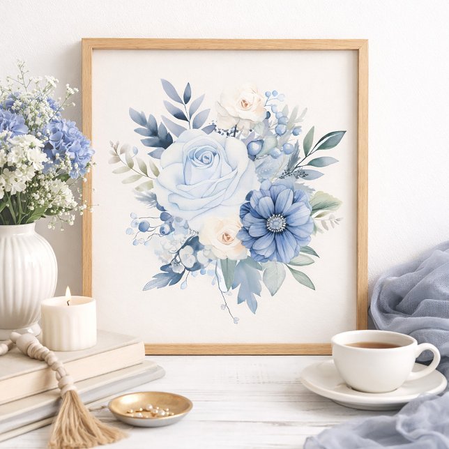 Poster Decoração Floral Azul e Branco para Casa (Serene dusty blue and white floral art print)