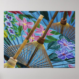Poster Decorative hand painted umbrellas in the village