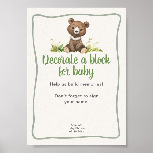 Poster Decore um Urso Bonito Chuveirinho de Bebê em Bloco (Frente)